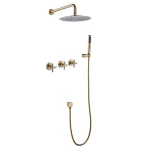 Abh 3-Handle 2-Spray Round 3-Hole Wall Mount Shower Faucet with Hand Shower in Brushed Gold