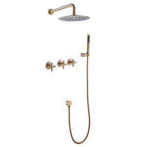 Abl 3-Handle 2-Spray Round 3-Hole Wall Mount Shower Faucet with Hand Shower in Brushed Gold