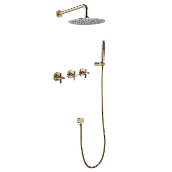 Inner Decor Abl 3-Handle 2-Spray Round 3-Hole Wall Mount Shower Faucet with Hand Shower in Brushed Gold
