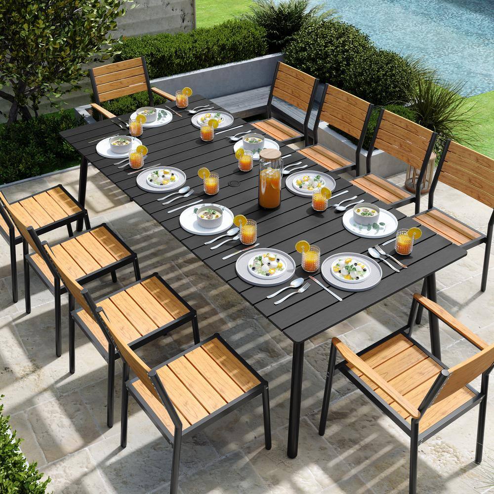 94.5 in. Rectangular Aluminum Outdoor Patio Dining Table with Wood-Like Tabletop in Black