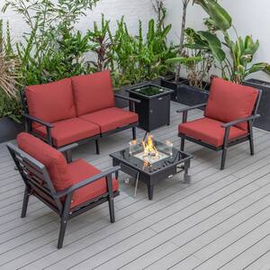 Walbrooke Black 5-Piece Aluminum Square Patio Fire Pit Set with Red Cushions and Tank Holder