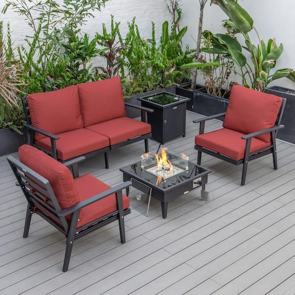 Leisuremod Walbrooke Black 5-Piece Aluminum Square Patio Fire Pit Set with Red Cushions and Tank Holder