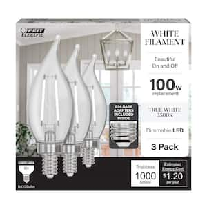 100W Equivalent BA10 E12 Candelabra Dim White Filament Clear Glass Chandelier LED Light Bulb, True White 3500K (3-Pack)