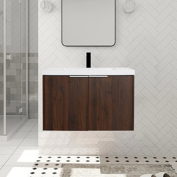 ANGELES HOME 30 in. W x 18 in. D x 19 in. H Float Mounting Bath Vanity in Walnut with White Resin Basin Top,Soft Close Doors