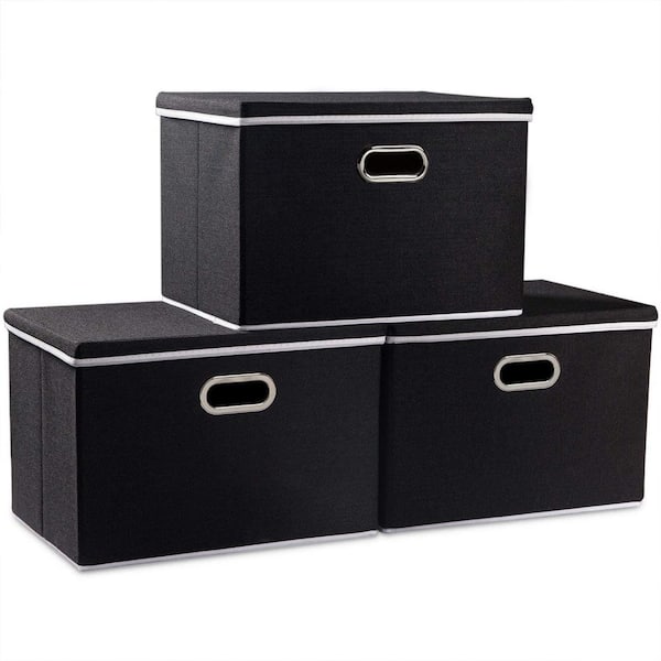 Unbranded 35 qt. Fabric Collapsible Storage Bin with Lid in Black (3-Pack)