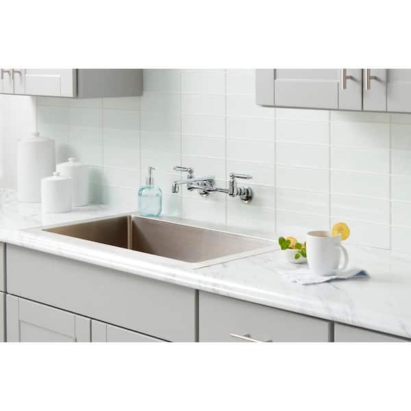 Builders Double-Handle Wall Mount Low-Arc Standard Kitchen Faucet in Polished Chrome