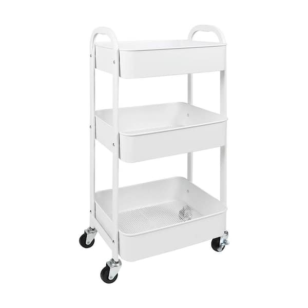 3 Tier Rolling Storage Utility Cart Heavy Duty Craft Cart with Wheels Handle White Furniture Office Dubbin