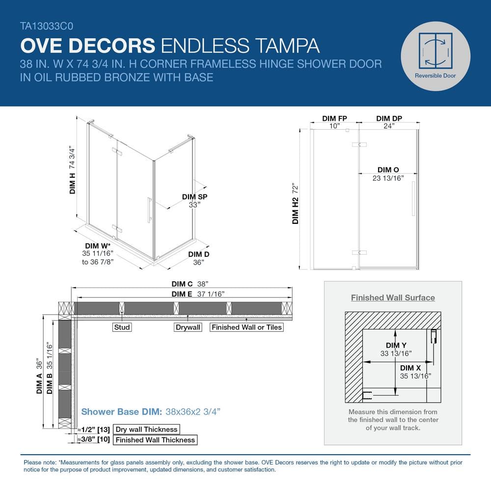Tampa 38'' W 72'' H Frameless Oil Rubbed Bronze Shower Kit