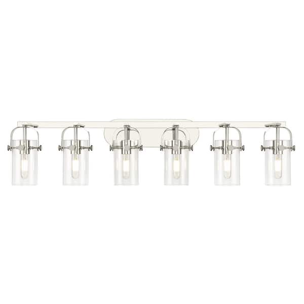 Pilaster II Cylinder 43.88 in. 6-Light Polished Nickel Vanity Light with Glass Shade
