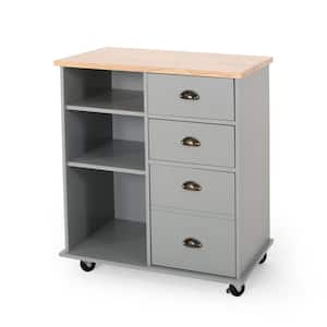 Compact Gray Rubber Wood Tabletop 31.5 in. Kitchen Island with Drawers and Half-moon Handles