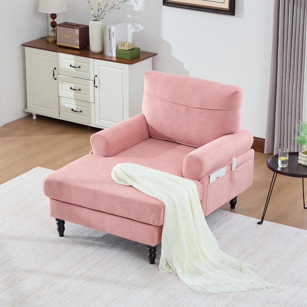HOMEFUN Modern Pink Chenille Armrests Chaise Lounge Single Sofa With ...