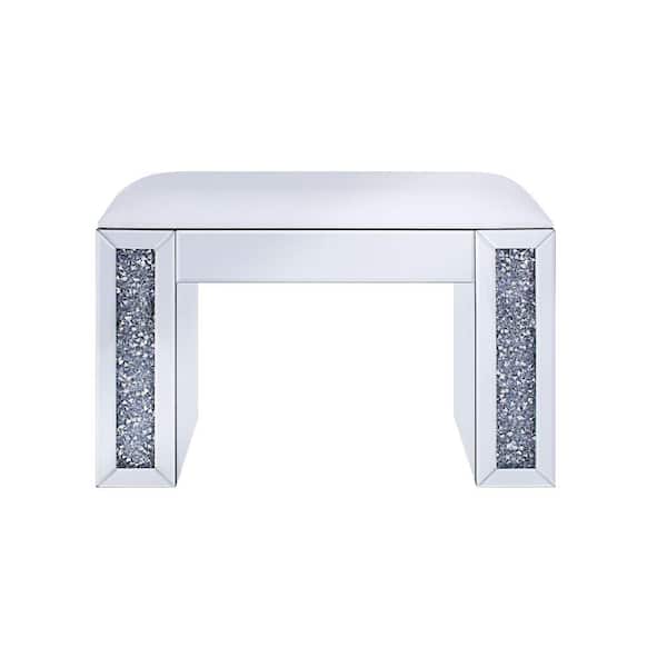 Benjara Wood and Mirror White and Clear Vanity Stool with Leatherette Upholstered Seat