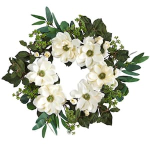 Nearly Natural 24 in. Artificial Snowed Magnolia and Pine Cone Wreath ...