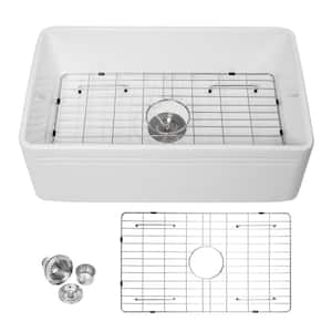 30 in. x 20 in. Rectangular Farmhouse/Apron Front Single Bowl White Ceramic Kitchen Sink with Grid and Strainer