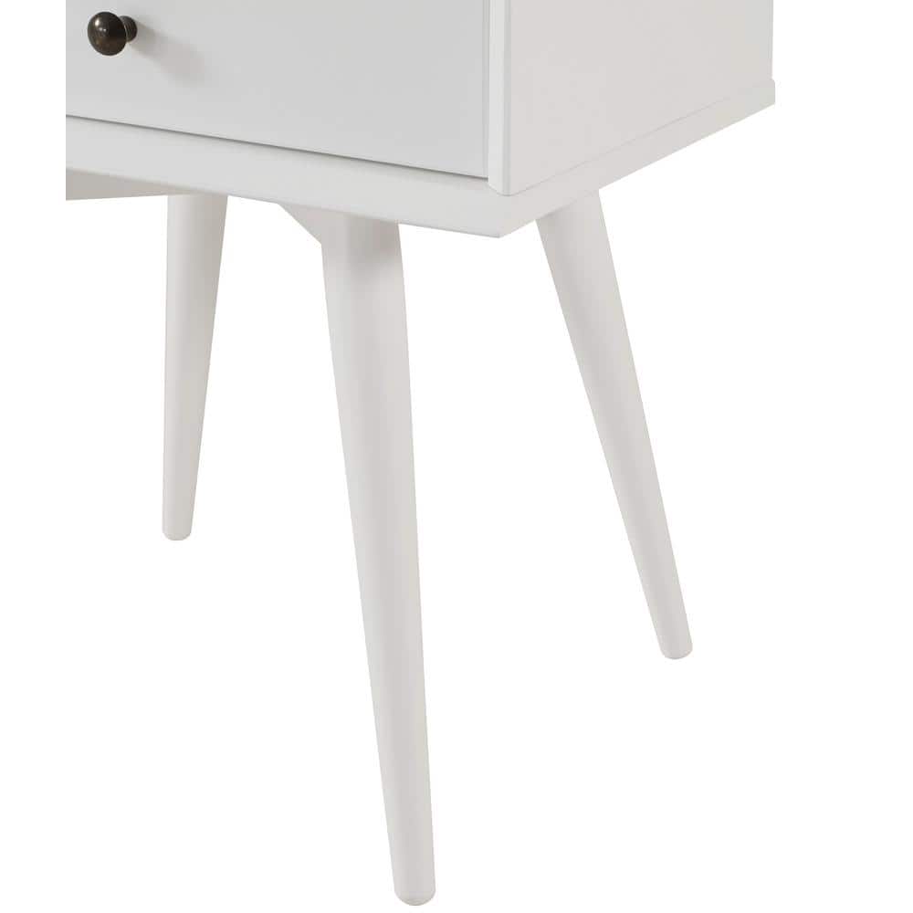 Mid-Century Modern 2-Drawer White Solid Wood Nightstand