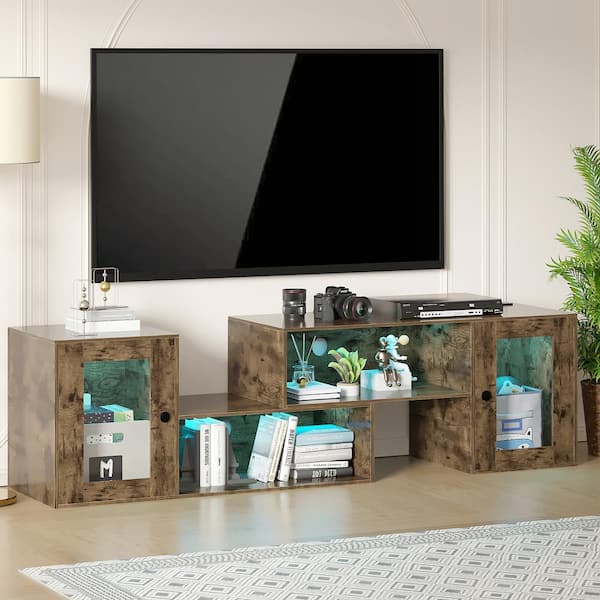 Deformable LED TV Stand with Power Outlets and USB Ports, Gaming Entertainment Center for 55-70 in. TVs, Brown Cabinet
