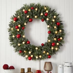 4 ft. Oversized Pre-Lit Frosted Holiday Christmas Artificial Wreath with Ornaments and 40 LED Globe Lights