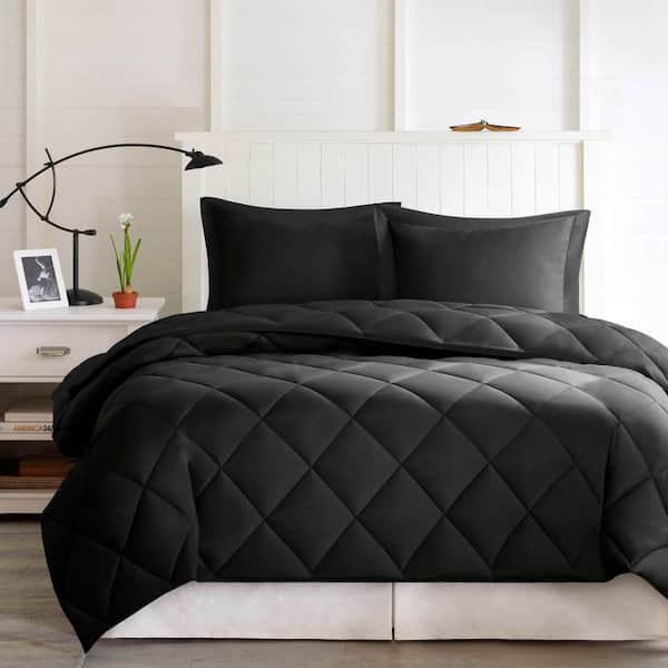 Madison Park Windsor 3-Piece Black/Black Full/Queen 3M Scotchgard Diamond Quilting Reversible Down Alternative Comforter Set