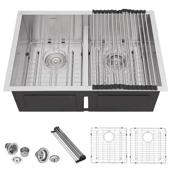 LORDEAR 28 in. Undermount Double Bowl Low Divide 16-Gauge Stainless Steel 50/50 Kitchen Sink with Bottom Grid