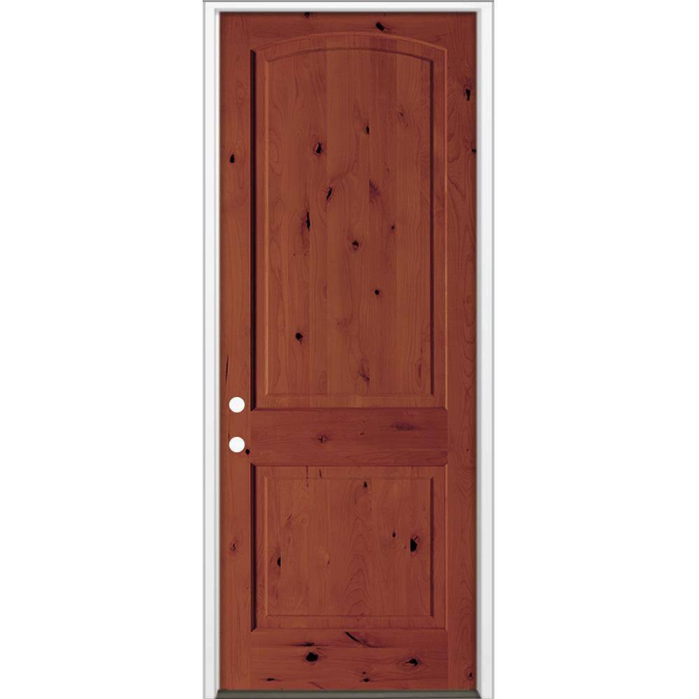 30 in. x 96 in. Rustic Knotty Alder 2 Panel Arch Top Right-Hand/Inswing BEHR Amaretto Stain Wood Prehung Front Door price history on PriceWatchPro