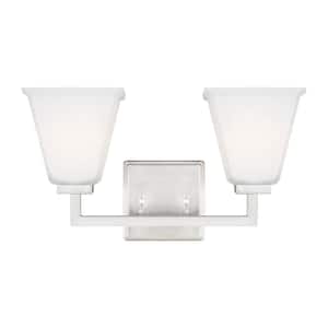 Ellis Harper 16 in. 2-Light Brushed Nickel Transitional Wall Bathroom Vanity Light with Satin Etched Glass Shades