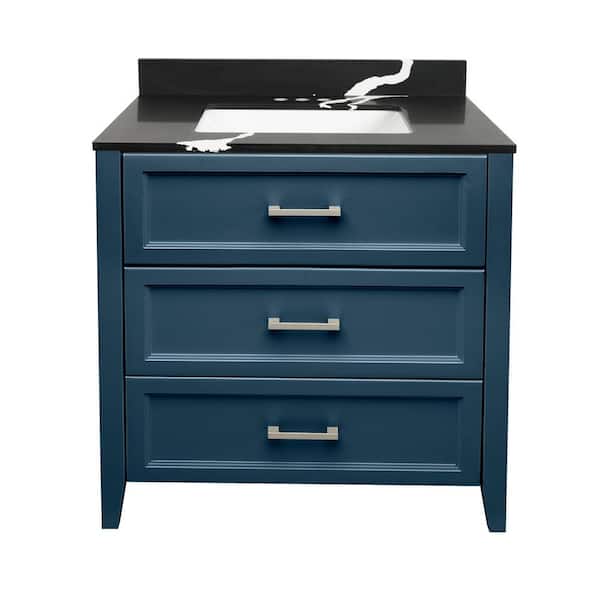Amluxx Capri 31 in. W x 22 in. D x 36 in. H Bath Vanity in Navy Blue with Quartz Stone Vanity Top in Calacatta Black