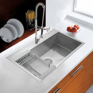Handmade Drop-in Stainless Steel 32 in. x 18 in. Single Bowl Kitchen Sink with Drying Rack