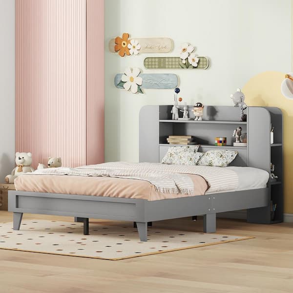 Harper & Bright Designs Gray Wood Frame Full Size Platform Bed with Storage Headboard and Multiple Storage Shelves on Both Sides