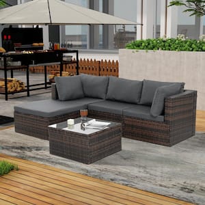 5 Piece PE Wicker Outdoor Patio Sofa Sectional Furniture Set with Tempered Glass Coffee Table and Gray Cushions