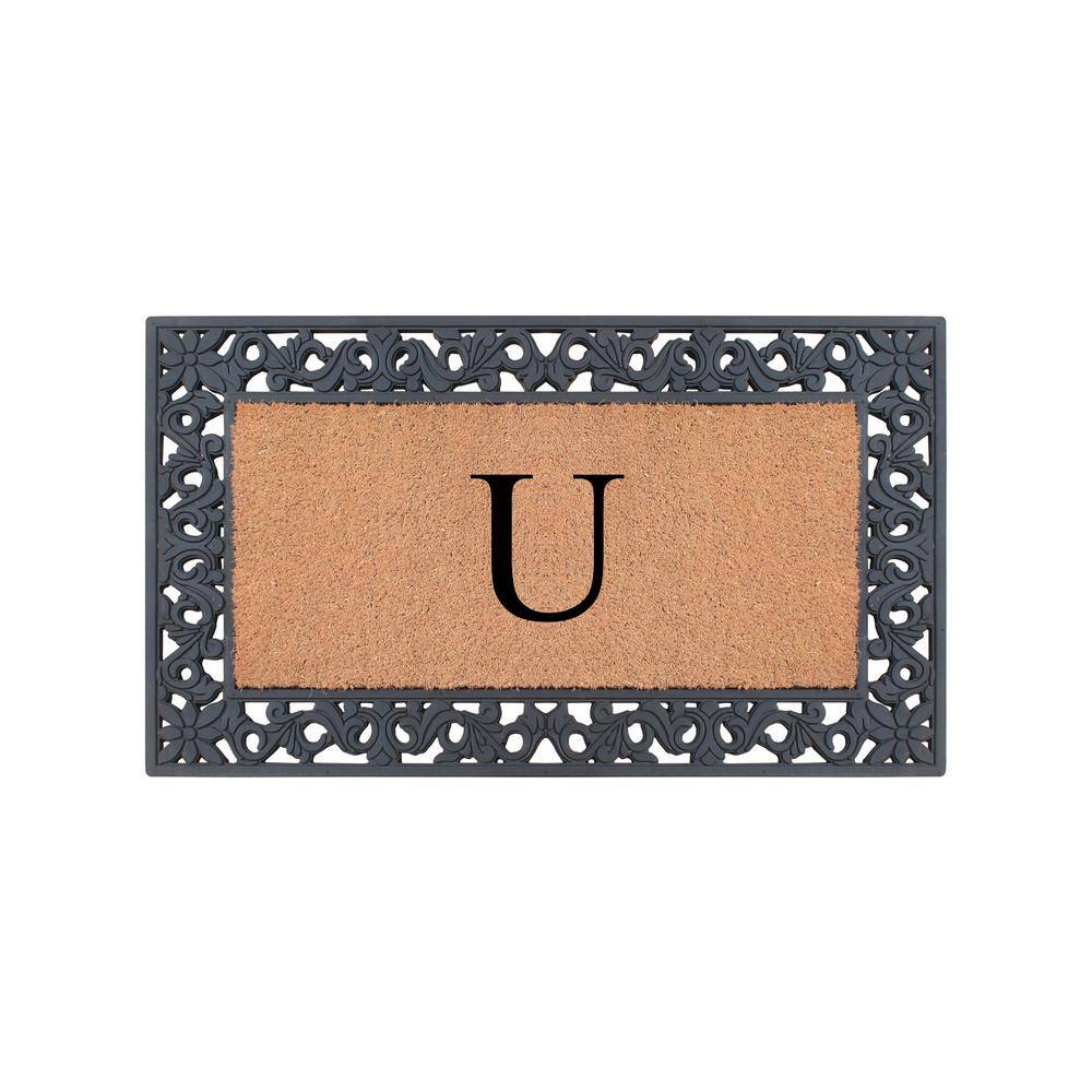 A1 Home Collections A1hc Floral Pattern Black 18 in. x 30 in. Rubber and Coir Outdoor Entrance Durable Monogrammed U Door Mat