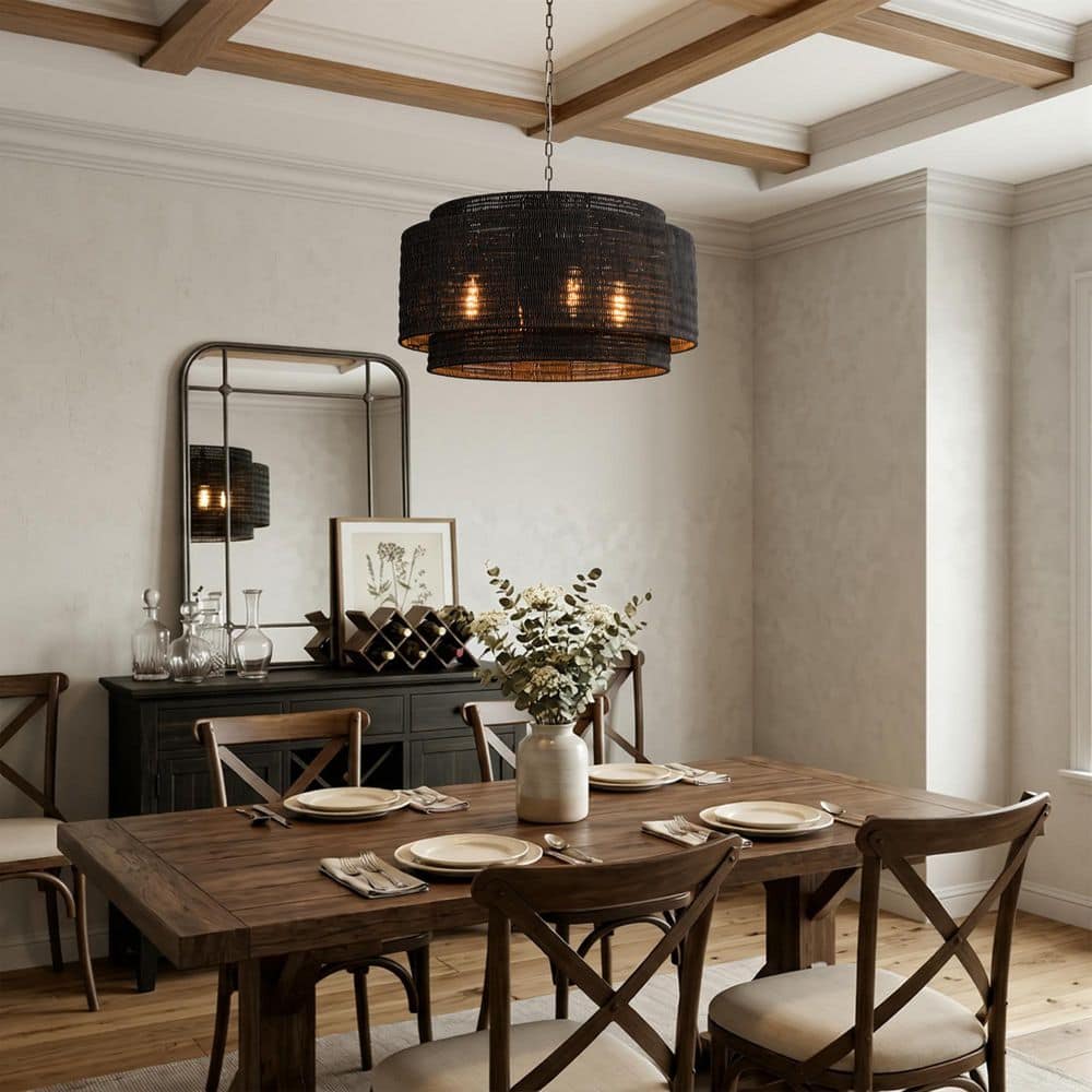 4-light 28 in. Black Farmhouse Drum Tiered Dimmable Metal Chandelier for Dining Room or Bedroom with Rattan Shade price history on PriceWatchPro