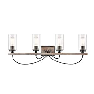 Paladin 34.68 in. 4-Light Matte Black Vanity Light with Seedy Glass Shade