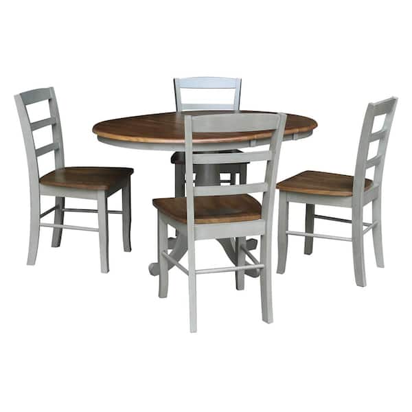 International Concepts 5-Piece Set Distressed Hickory and Stone 36 in. Round Extension Dining table with 4-Side Chairs