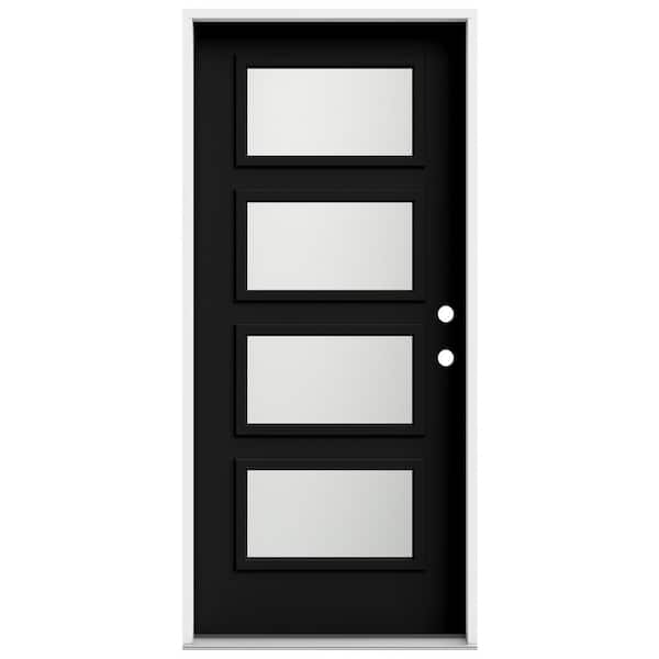 JELD-WEN 36 in. x 80 in. Left-Hand/Inswing 4 Lite Equal Frosted Glass Black Steel Prehung Front Door