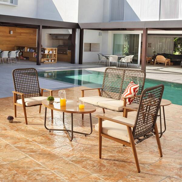 Patio Festival 5-Piece Metal Patio Conversation Set with Beige Cushions