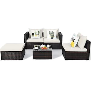 Brown 5-Piece Wicker Outdoor Patio Conversation Seating Set with White Cushions and Coffee Table