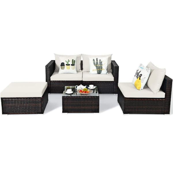 Alpulon Brown 5-Piece Wicker Outdoor Patio Conversation Seating Set with White Cushions and Coffee Table