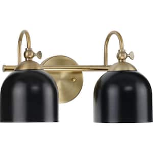 Dalton 15 in. 2-Light Vintage Brass Matte Black Vanity Light for Bath and Vanity
