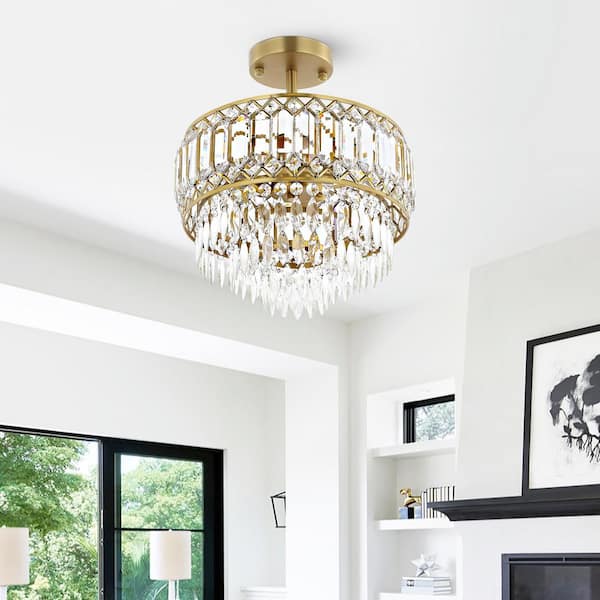 11.6 in. 3-Light Gold Glam Empire Crystal Semi-Flush Mount Chandelier