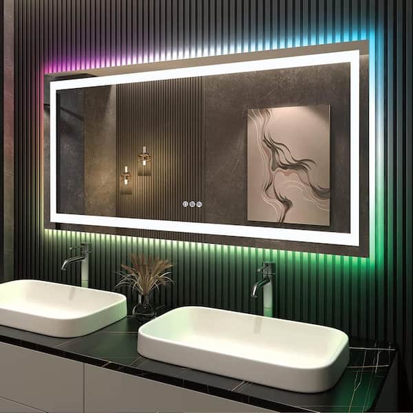 Apmir 55 in. W x 30 in. H Rectangular Frameless RGB Backlit & LED Frontlit Anti-Fog Tempered Glass Wall Bathroom Vanity Mirror