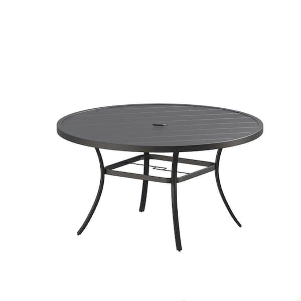 Zeus & Ruta 53 in. Round Metal Outdoor Dining Table with Umbrella Hole and Storage Shelf in Black