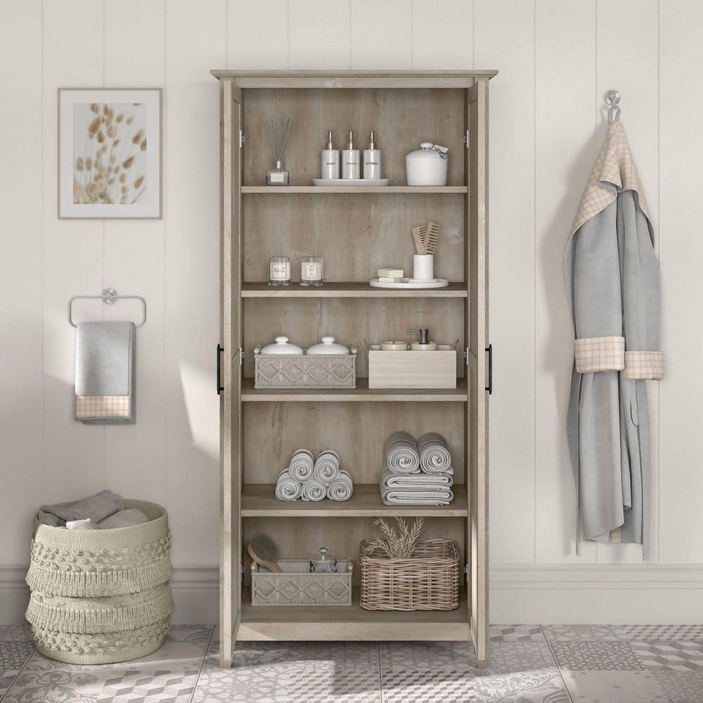 Washed Gray Tall Bathroom Storage Cabinet with Adjustable Shelves