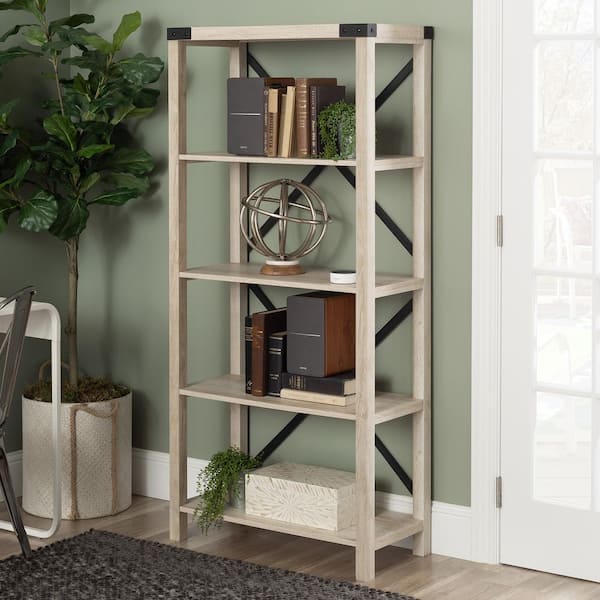 White Oak Wood 4 Shelf Etagere Bookcase, Whitewash 4 Shelf Bookcase