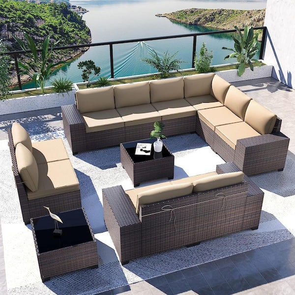 Halmuz 12-Piece Brown Wicker Outdoor Sectional Set with Glass Coffee Table and Sand Cushions, Patio Chat