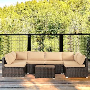 7-Pieces Brown Wicker Outdoor Sectional Set with Yellow Cushions and Coffee Table