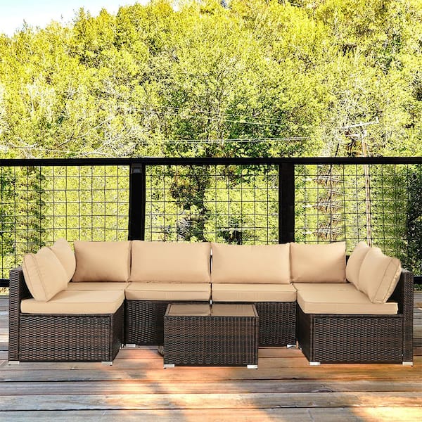 Cesicia 7-Pieces Brown Wicker Outdoor Sectional Set with Yellow Cushions and Coffee Table