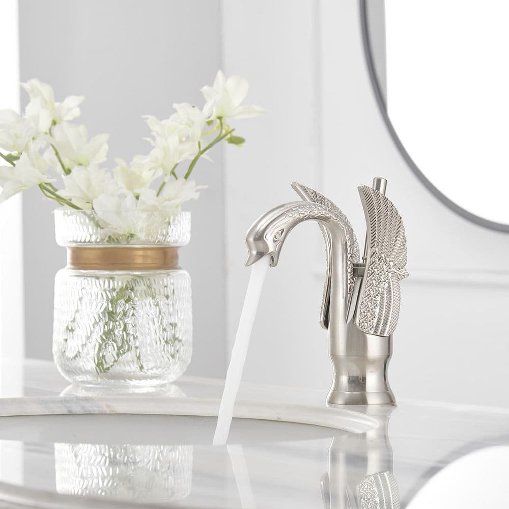 Brushed Nickel Swan Single Handle Bathroom Faucet with Pop Up Drain
