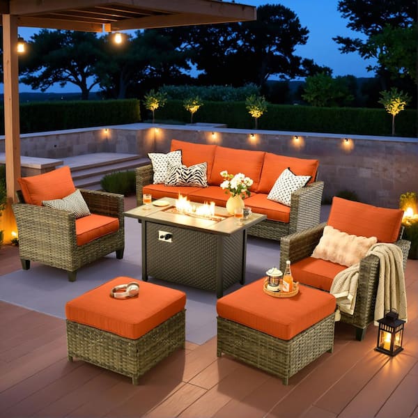 Audrey Gray 6-Piece Wicker Outdoor Patio Fire Pit Conversation Sofa Seating Set with Orange Red Cushions