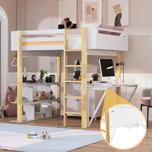 White Wood Frame Full Size Loft Bed with Built-in Shelves, Storage Cabinet, Foldable Desk