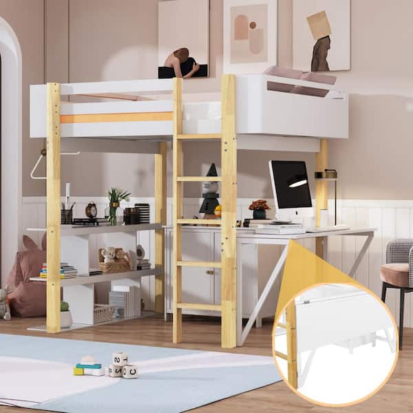 Harper & Bright Designs White Wood Frame Full Size Loft Bed with Built-in Shelves, Storage Cabinet, Foldable Desk